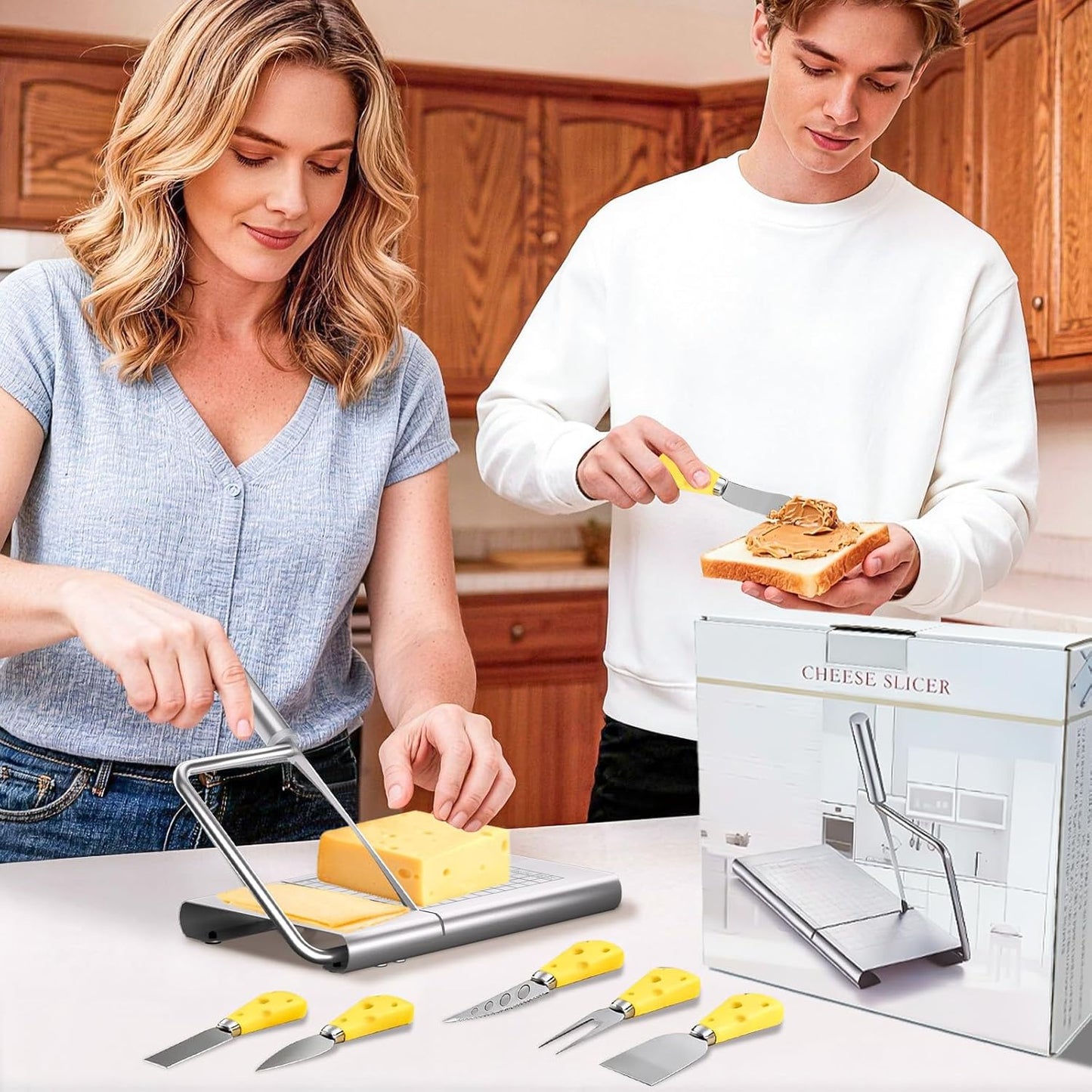Cheese Slicer, with Measuring Grids Board & 6 Piece Cheese Knives, Stainless Steel Cheese Cutter with Blade, for Block Cheese, Butter and Sausages, Dishwasher Safe