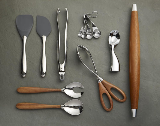 nambe Curvo Cheese Set | Cheese Knife and Fork Utensil Set for Charcuterie Board | Made of Stainless Steel and Acacia Wood | Designed by Steve Cozzolino