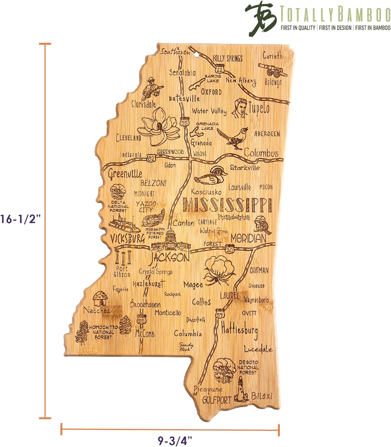 Totally Bamboo Destination Mississippi State Shaped Serving and Cutting Board, Includes Hang Tie for Wall Display
