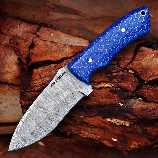 Fixed Blade Damascus Steel Hunting Knife with Leather Sheath, 9'' Full Tang Hunting Skinning,Non-Slip Wooden Handle,Camping Knife (VENGI)