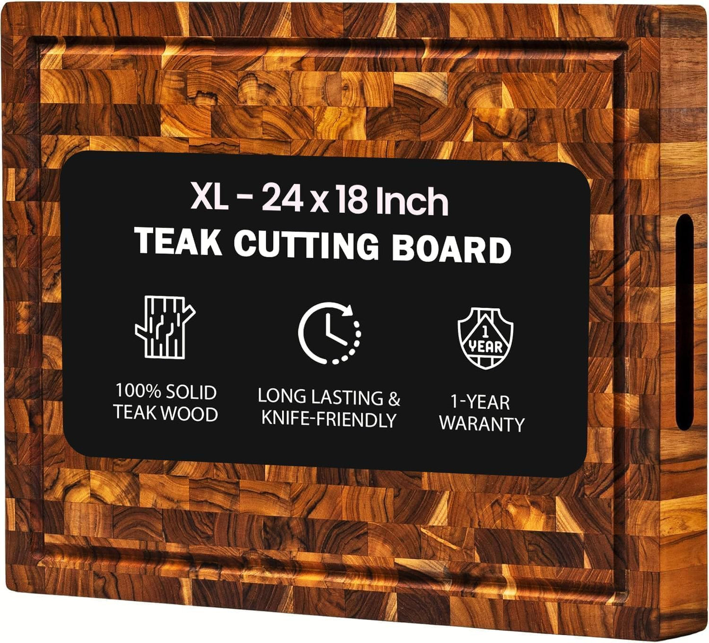 24 x 18 Inch Teak Wood End Grain Cutting Board – Large Butcher Block with Juice Groove, Heavy Duty Reversible Chopping Board for Meat, BBQ & Charcuterie, Knife-Friendly Kitchen Board