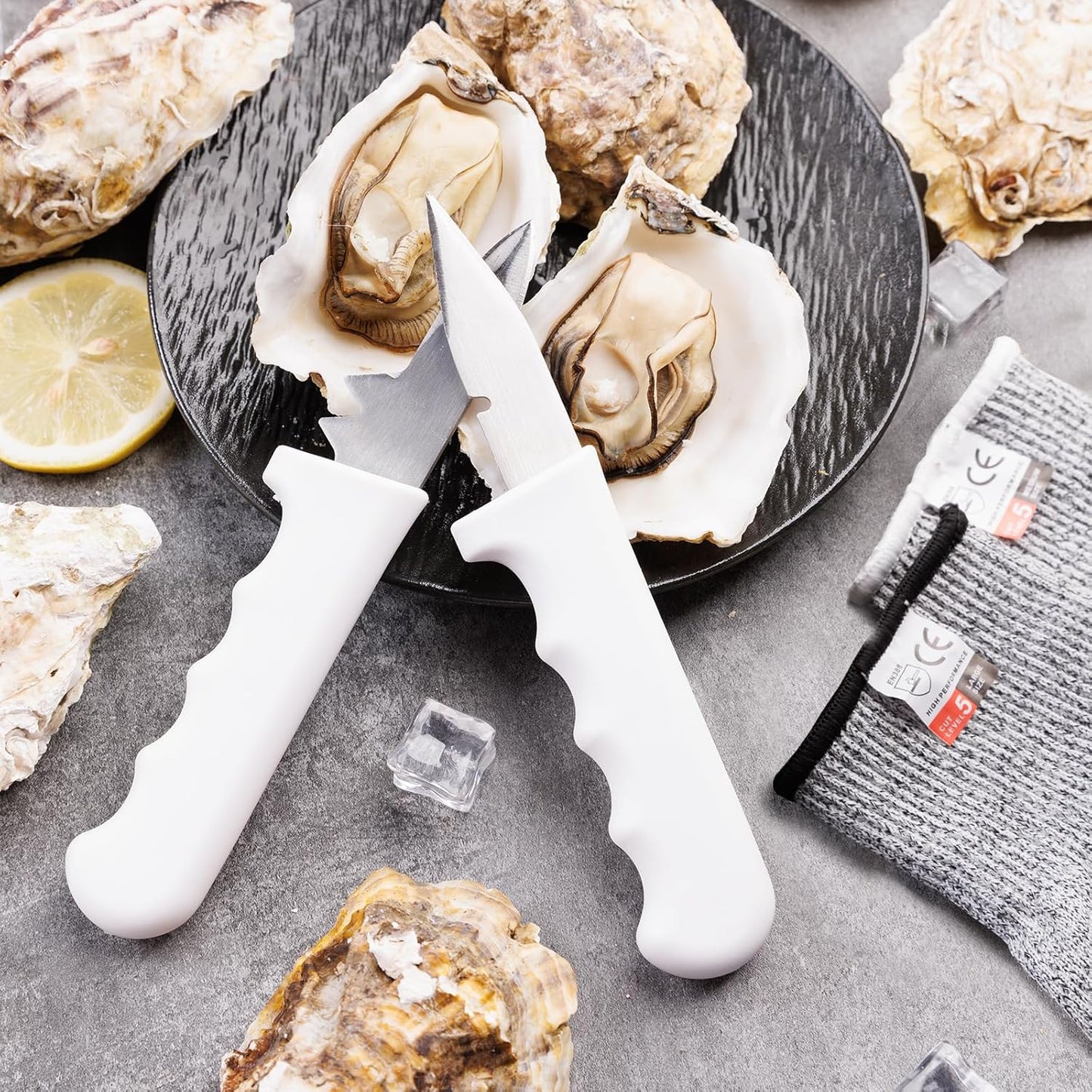 2PCS Oyster Shucking Knife + 4PCS A5 Cut-Resistant Gloves(2M+2L),8" Oyster Knife With Extended Ergonomic Handle,Stainless Steel Oyster Shucker Tool Oyster Opener Tool Oyster Shucking Kit