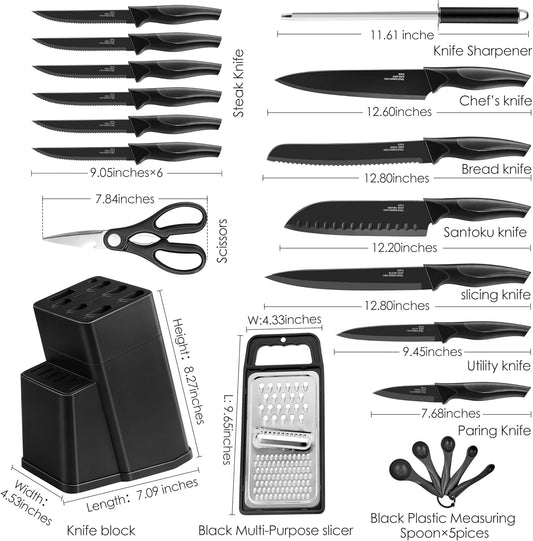HaWare Knife Set, 21 Pieces Stainless Steel Kitchen Knife Block Set, White Chef Knife Sets with Measuring Spoon & Slicer for Home, 6 Steak Kinves, Sharp Blade & Light Weight Cutlery, Ergonomic Handle