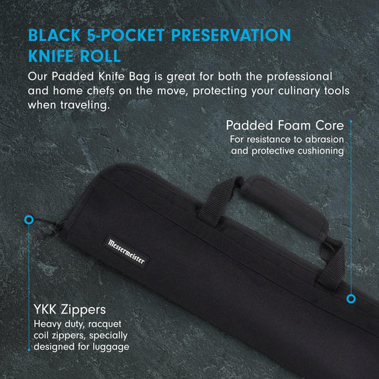 Messermeister Preservation 5-Pocket Knife Luggage, Black - 5 Elasticized, Reinforced Pockets for Culinary Tools - Holds Up to 18” Knife - Made From 100% Recycled Water Bottles