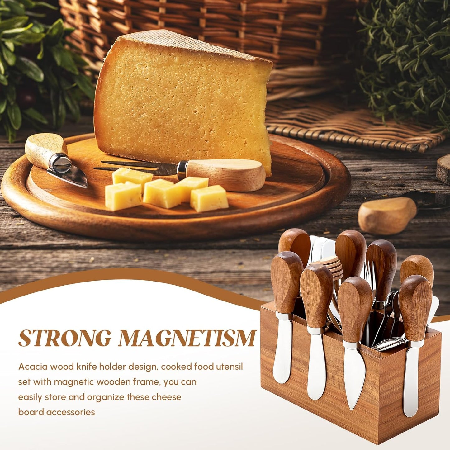 Hushee 46 Pcs Charcuterie Boards Accessories with Magnetic Acacia Wood Holder Wooden Cheese Knife Set for Wood Handle Knives for Cheese Knife Slicer with Tongs, Spoons, Forks, Honey Dipper (Style 3)