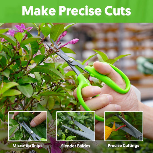 Garden Scissors, 6in Pruning Shears Snips Non-stick Coated Sharp Steel Blades - Gardening Tools Garden Shears for Plants Herb Flowers in Grow Tent and Hydroponics, Curved Blade