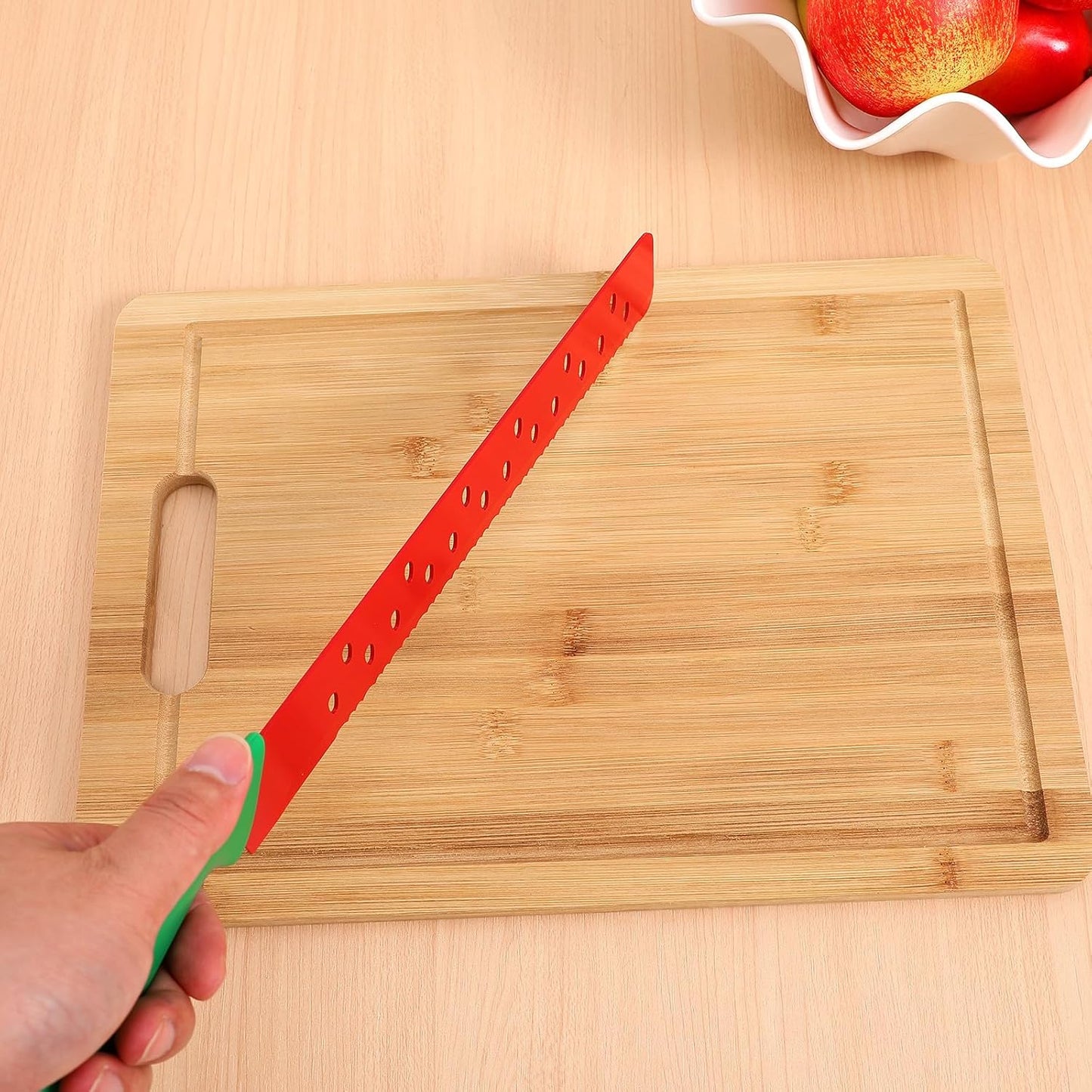 17 Inch Long Watermelon Knife with Protective Sleeve, Serrated Stainless Steel Fruit Slicer, Ergonomic Handle Cutter for Melon, Bread, Cake, Outdoor BBQ & Picnic