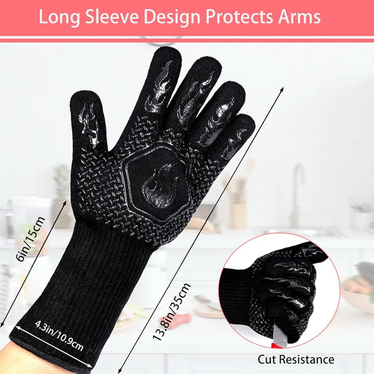 BBQ Fireproof Gloves, Grill Cut-Resistant 1472°F Heat Resistant Gloves, Non-Slip Silicone Oven Gloves, Kitchen Safe Cooking Gloves for Oven Mitts,Barbecue,Cooking, Frying,13.8 Inch-Red