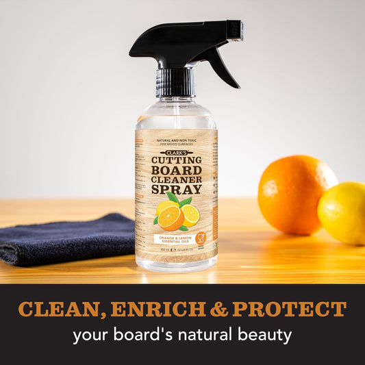 CLARK'S Natural Cutting Board Spray Cleaner, with Microfiber Cloth, for Wood Countertop – Pure Ingredients Filtered Water, Distilled Vinegar, Castile Soap, Lemon & Orange Citrus Oil Extracts, 12oz