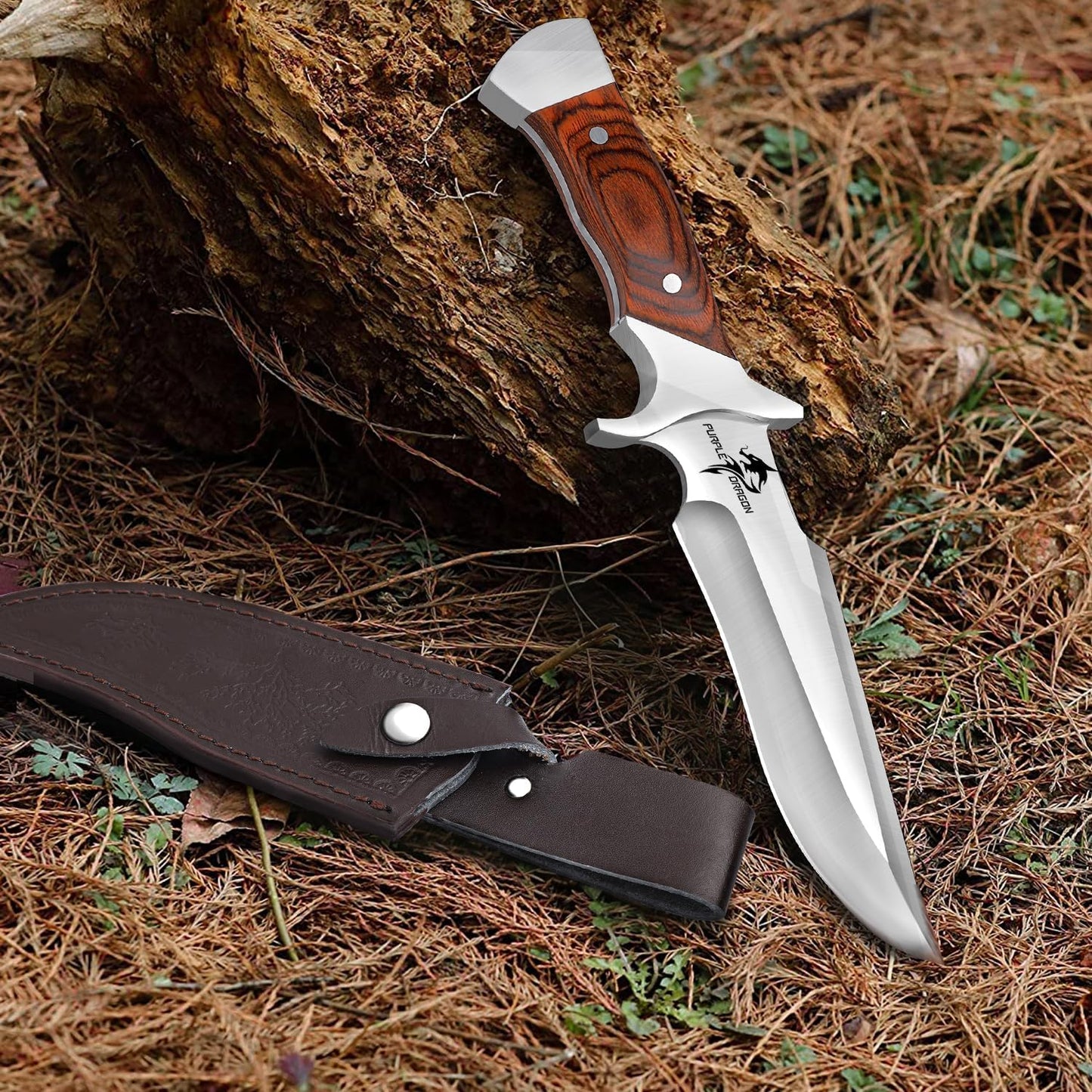 Purple Dragon Camping Fixed Blade Knife with Sheath,6 Inch Outdoor Knife Full Tang 440C Steel Bushcraft Knives with Redwood Handle-Outdoor Gear Christmas Gift for Men and Women Black