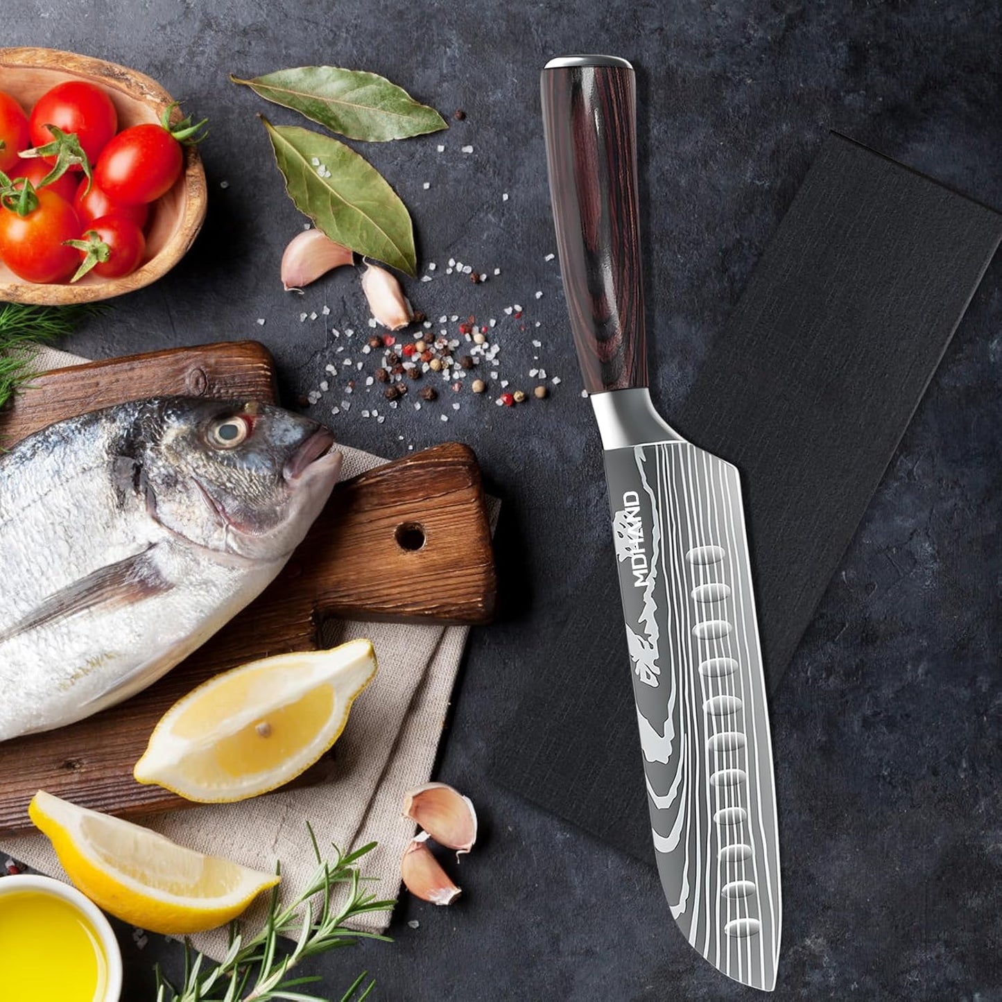 MDHAND 7" Santoku Knife - Ultra Sharp Japanese Chef Knife, Forged German Stainless Steel Chopping Knife with Ergonomic Pakkawood Handle Design, Home Cooking Gifts for Women and Men