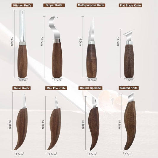 Wood Carving Knife Set, Stainless Steel Whittling Knife with Sharp Edge and Black Walnut Wood Handle for Comfortable Grip - Ideal Whittling Kit for Beginners and Professionals with Storage Bag