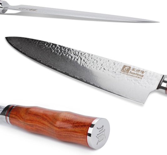 SUNLONG Chef's Knives 12 inch Pro Gyuto Japanese Hammered Damascus Natural Bloodwood Hand