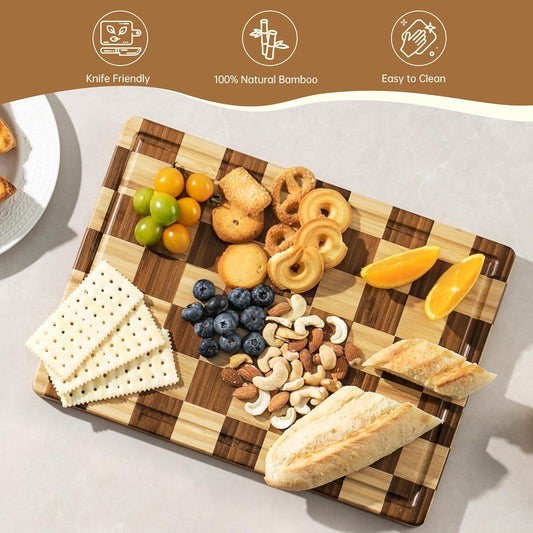 THETCHRY Bamboo Cutting Boards for Kitchen, Checkered Wooden Cutting Board with Juice Groove, Non Slip, Non Toxic Serving Tray, Thick Large Chopping Board Gift for Home Chef, 16.5” x 11.6” x 0.8”