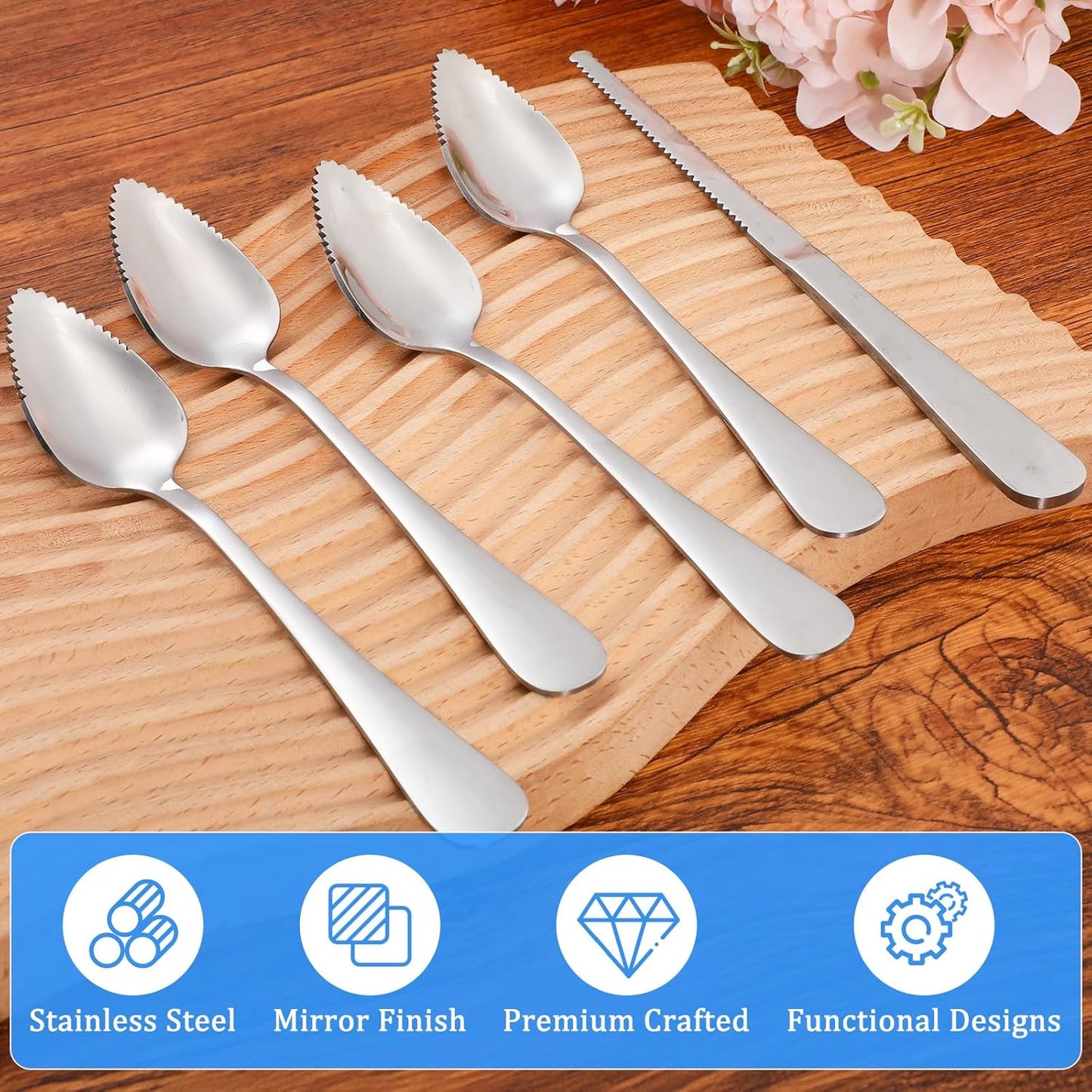 5Pcs Grapefruit Spoons & Knife Set, 4 Stainless Steel Grapefruit Spoon and 1 Grapefruit knife, Utensils With Serrated Edge & Thick Gauge Handle for Kiwi, Dessert, Apple, Citrus Fruit, Non-Stick