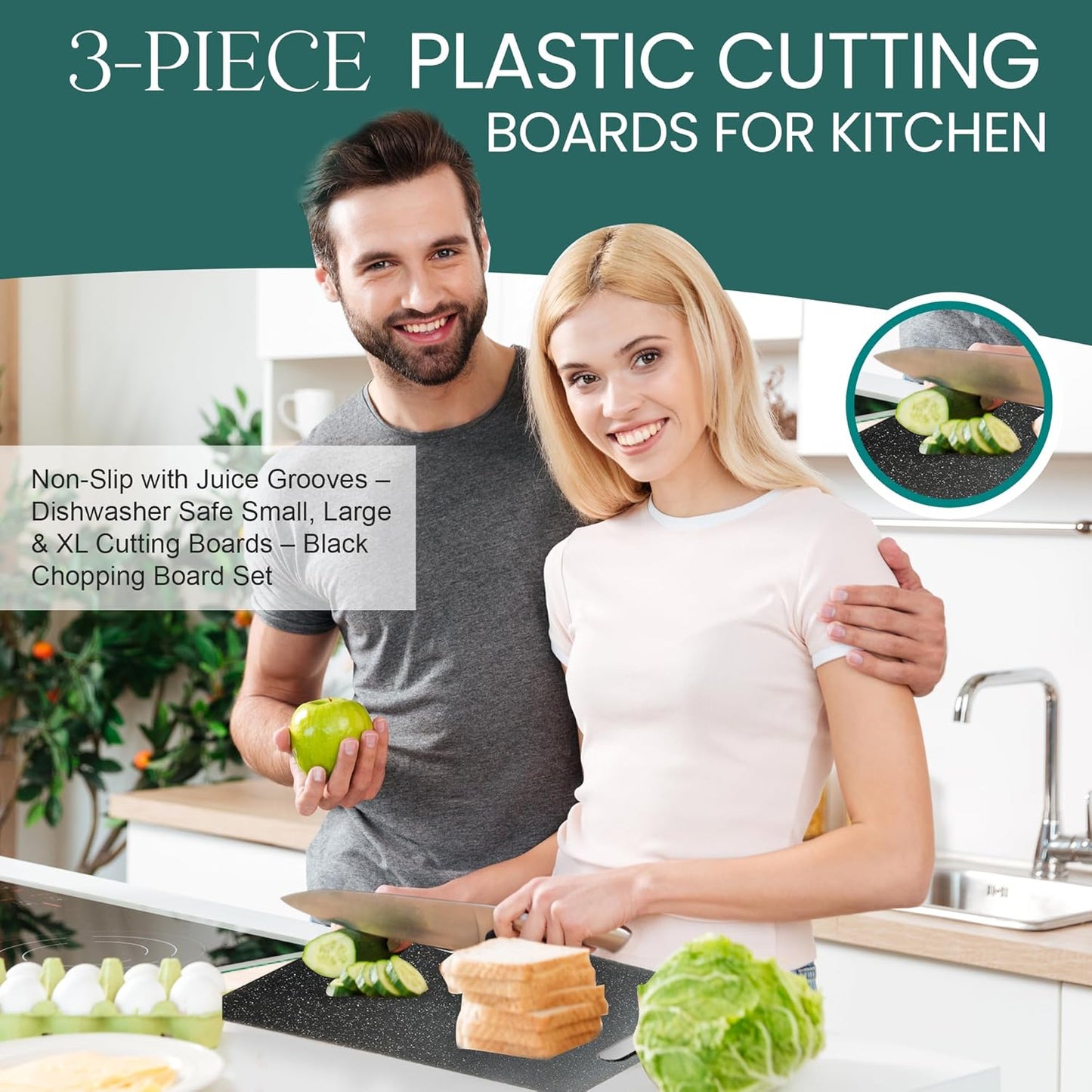 Cutting Board Set – 3-Piece Plastic Cutting Boards for Kitchen, Non-Slip with Juice Grooves – Dishwasher Safe Small, Large & XL Cutting Boards – Black Chopping Board Set