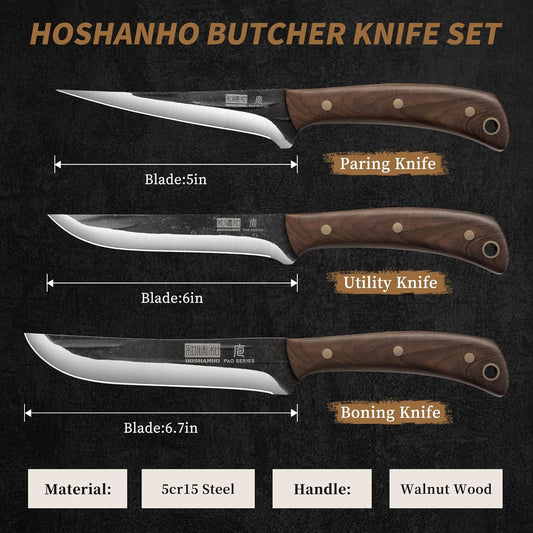 HOSHANHO Butcher Knife Set, 3-Piece High Carbon Steel Serbian Chef Knife Set of Heavy Duty Boning Knife & Meat Cleaver Knives & Viking Knives for Home, Cooking, Outdoor Camping BBQ