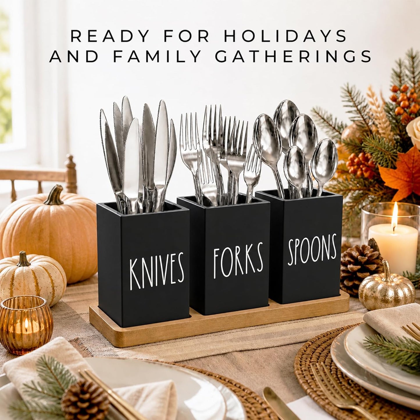 Farmhouse Silverware Holder, Rustic Wood Silverware Caddy with Tray, Spoon Fork Knives Flatware Dispenser, Utensil Countertop Organizer, Plastic Cutlery Holder for Kitchen Party (Black)