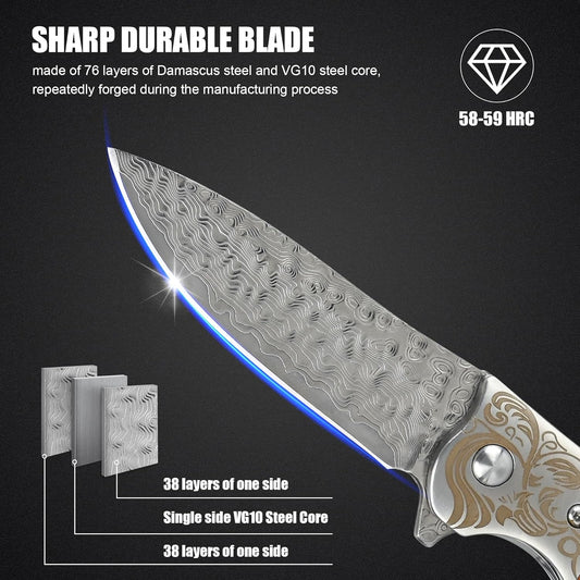 Damascus Pocket Knife with Sheath,3.54" Sharp Damascus Steel Blade Abalone Seashells Handle EDC Pocket Knives & Folding Knives for Outdoor Camping, Ideal Gifts for Men Women