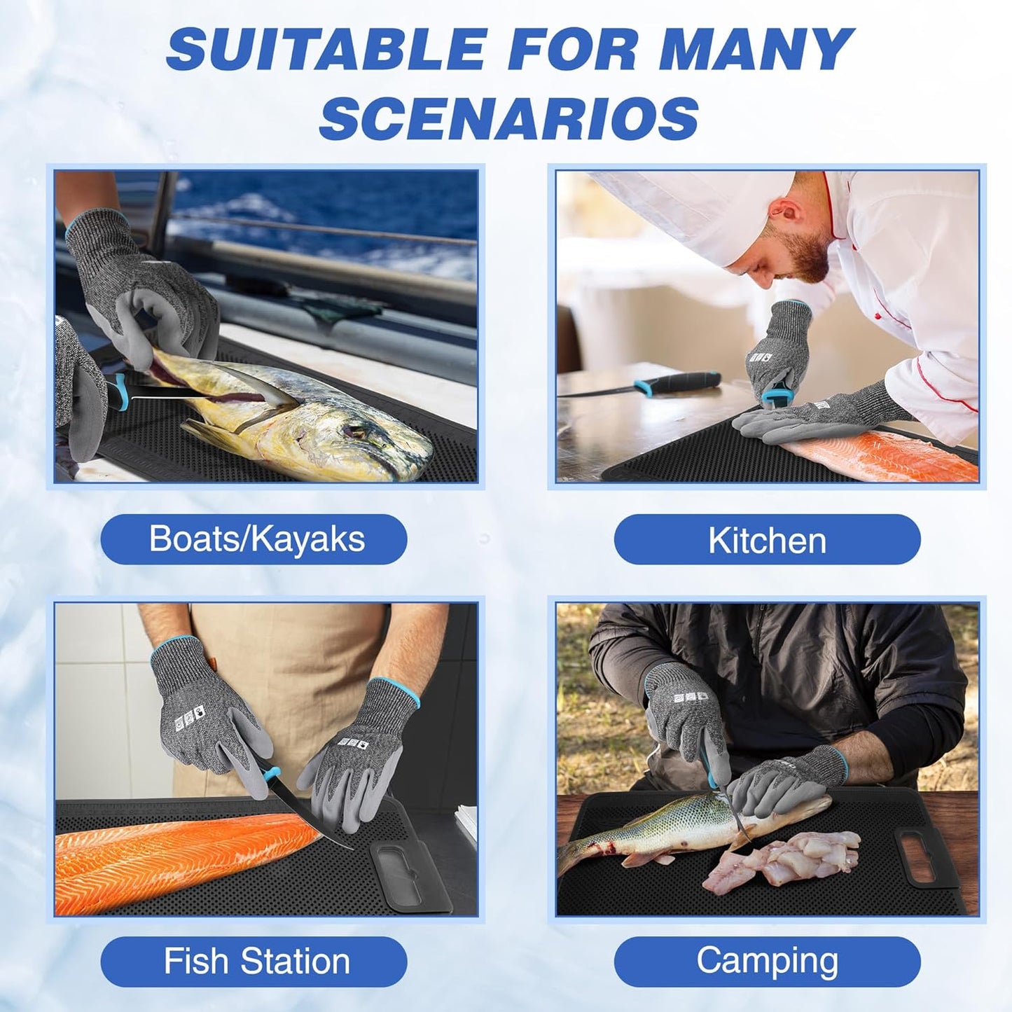 FLISSA 4PCS Fish Fillet Set with 6" Fillet Knife, 24"*13" Non-Slip Fish Fillet & Cleaning Mat, Knife Sharpener and Cut Resistant Gloves, Fish Cleaning kit for Easy Fish Cleaning, Filleting and Cutting