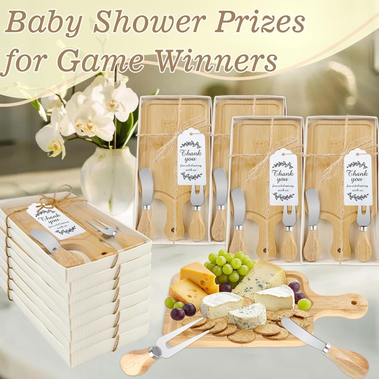 1 Set Baby Shower Prize for Game Winners Adults, Bridal Shower Prize for Guests, Small Cheese Board Gift Set with Wood Mini Charcuterie Board, Knives, Forks, Thank You Card & Gift Box