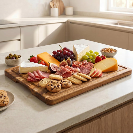 THETCHRY Teak Wood Cutting Boards for Kitchen, Wooden Cutting Board with Handles, Wooden Chopping Board with Juice Groove, Charcuterie Butcher Block for Meal Prep & Serving, 12.9" x 9.8"