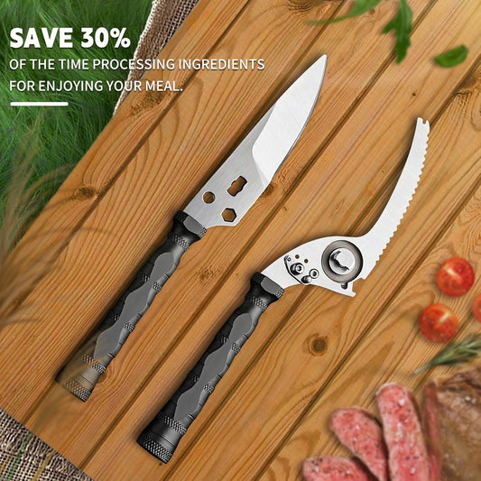 Multi-Purpose Outdoor Scissors, Stainless Steel Blade with Aluminum Handle, Fish scale scraper, Bottle Opener, Fire Starter, Detachable Meat Slicing Knife, Portable Camping Gear (Grey)