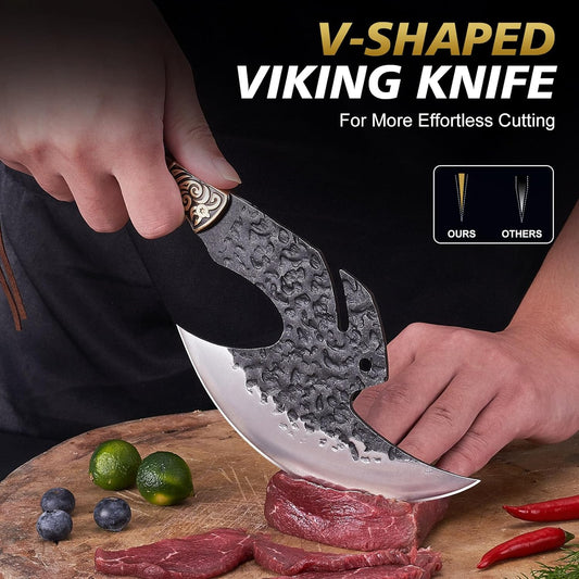 Topfeel Hand Forged Viking Knife 6.2" Meat Cleaver with Sheath, Chinese Kitchen Axe Boning Knife for Meat Cutting, High Carbon Steel Butcher Knife Home Outdoor BBQ Camping Birthday Gifts for Men Dad