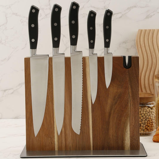 Magnetic Knife Block Stand XL with Built-in Knife Sharpener Wooden Magnetic Knife Holder for kitchen knife storage elegant and sturdy Countertop knife stand Knife magnet in Acacia wood