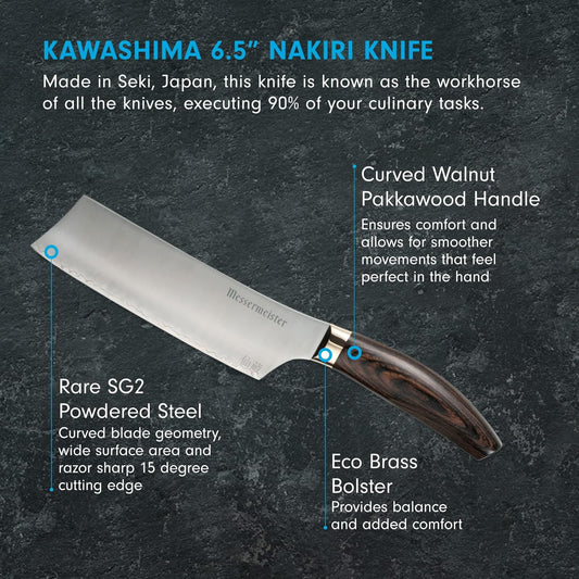 Messermeister Kawashima 6.5” Nakiri Knife - SG2 Powdered Steel, Eco-Brass Bolster & Walnut Pakkawood Handle - Made in Seki, Japan