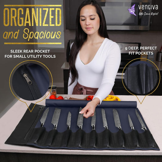Ventiva Knife Roll Bag for Chefs - 9-Slot Professional Leather Knife Case with Adjustable Shoulder Strap, Double-Buckle Closure & Zipper Pocket, Black