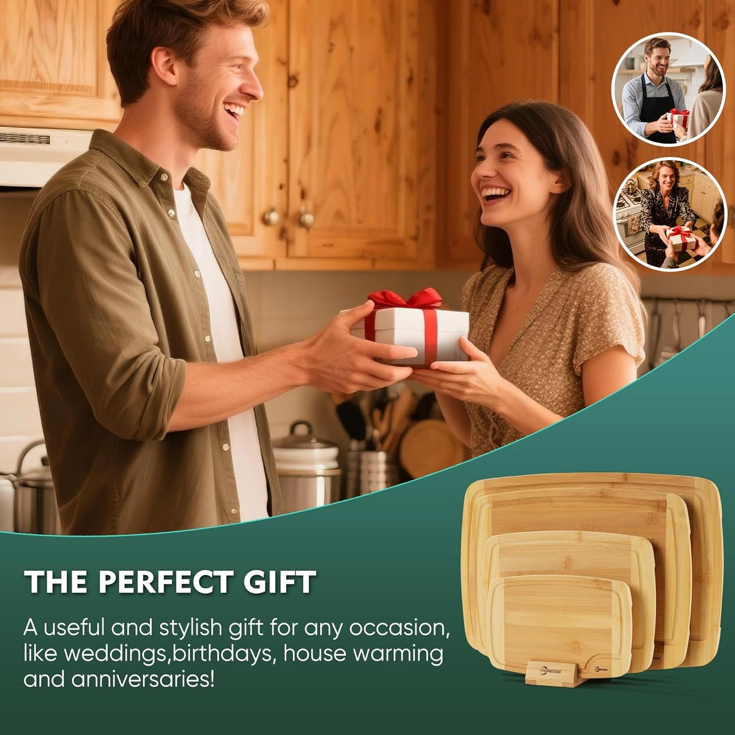 Wood Cutting Board Carbonized Bamboo Set With Smooth Surface Set 4 Packs with Non Slip Feet Holder and Over Sink Solid Thick Durable Wood Charcuterie Cheese Serving Tray Kitchen Gadgets (Carbonized)
