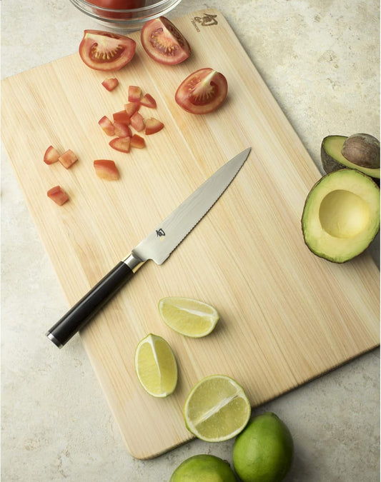 Shun Classic 6" Serrated Utility Knife, Handcrafted Japanese Knife, VG-MAX Core with Damascus Stainless Steel Cladding, Pakkawood Handle, Precision and Sharpness for Professional and Home Chefs