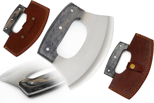 Handmade Ulu Knife Pizza Cutter Mezzaluna Knife with sheath Rocker Boning Knife for Slicing, Chopping, Camping, Outdoor, Kitchen