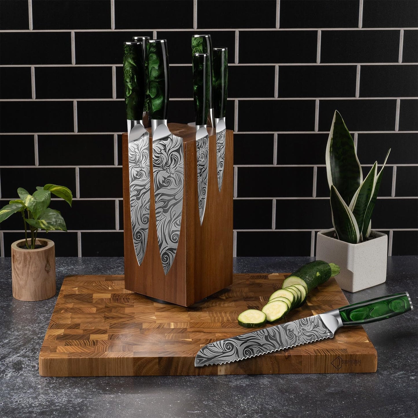 SENKEN Rotating Magnetic Knife Block without Knives, Natural Acacia Hardwood - 360 Degrees Rotation - Ultra Strong Neodymium Magnets, Universal Knife Holder & Storage (Block with Steak Knife Slots)