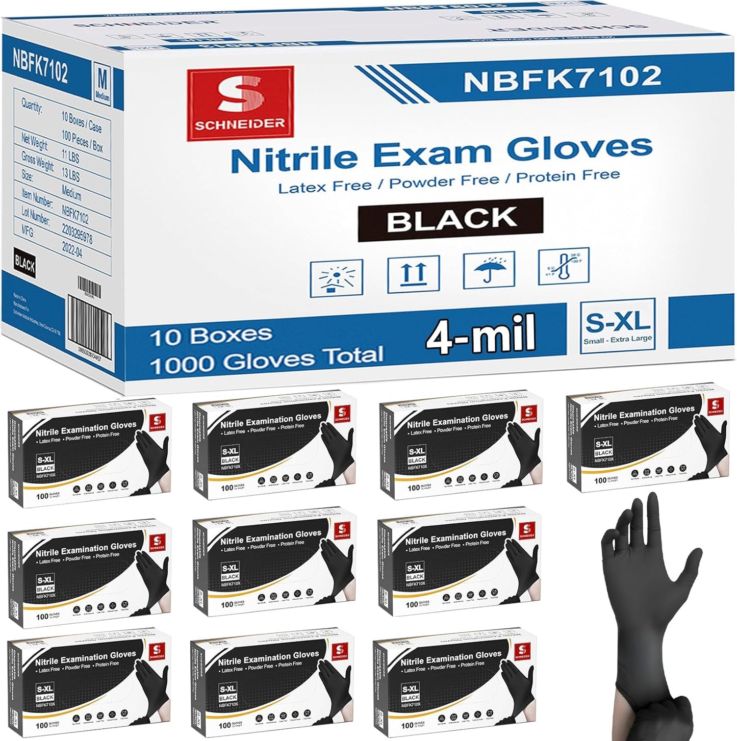 Schneider Nitrile Exam Gloves, 4 Mil Black Gloves Disposable Latex Free Powder Free, Food Safe for Cooking, Food Prep, Clean