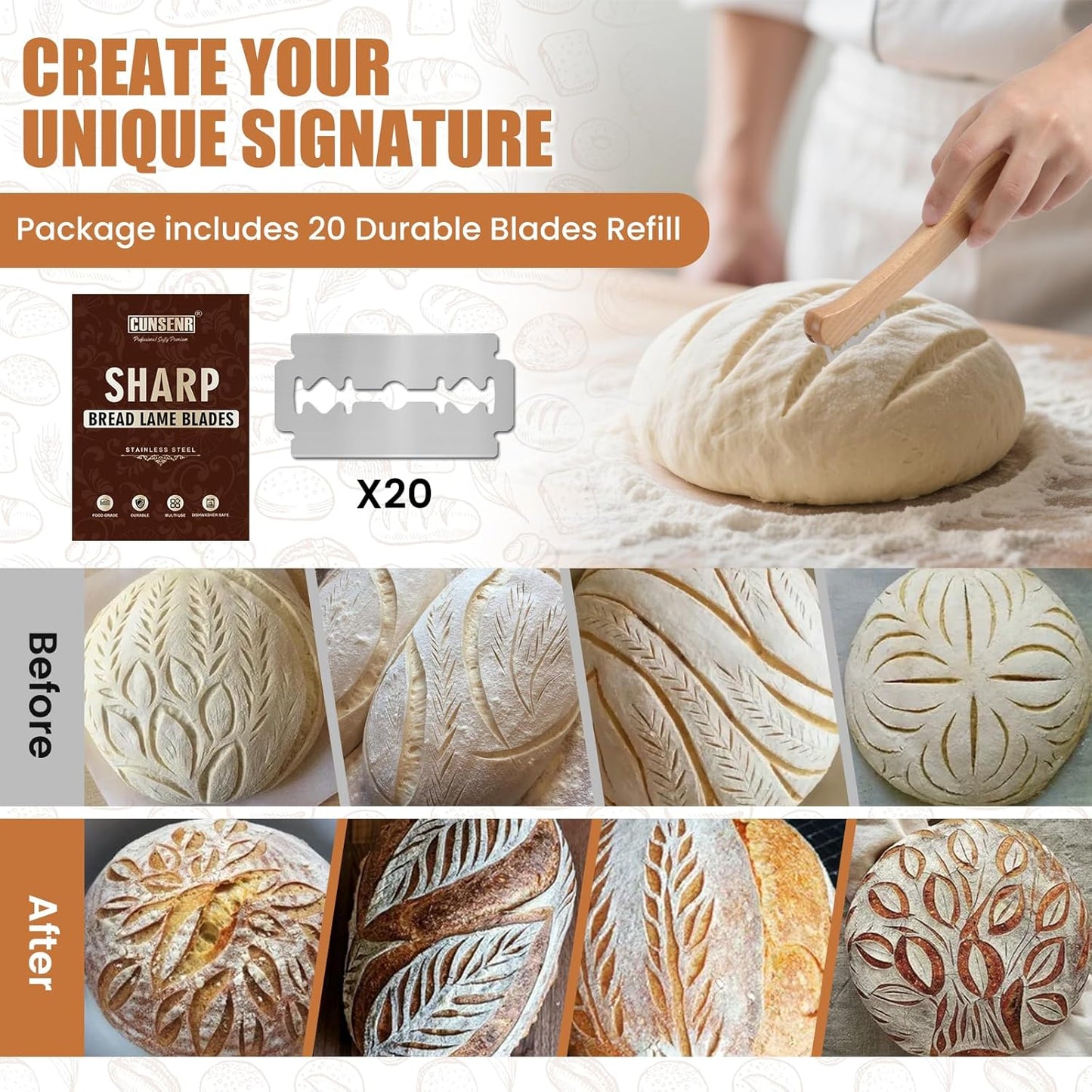 CUNSENR Bread Lame Blades Refill – Stainless Steel Scoring Blades for Perfect Bread Art, Suitable for Slicing and Scoring Sourdough, Baguettes, and More (20 Blades)