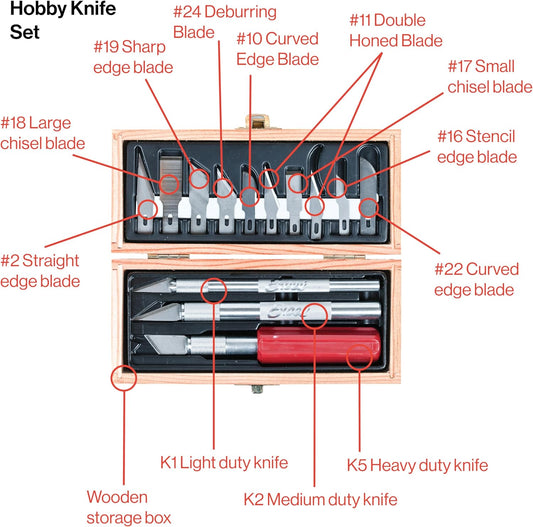 Excel Blades 14-Piece Woodworking Set – Precision Craft Knife Set with K5 Handle, Assorted Blades, Gouges & Routers With Storage Case – Ideal for Carving, Model Making & Craft – Made in the USA