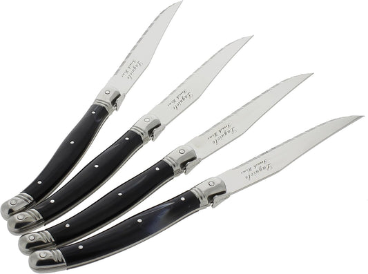 French Home Laguiole 4-Piece Steak Knife Set – Sophisticated Stainless Steel Dinner Knives with Wood Grain Handles & Iconic Bee Emblem – Serrated Knives for Smooth Cutting (9.25")