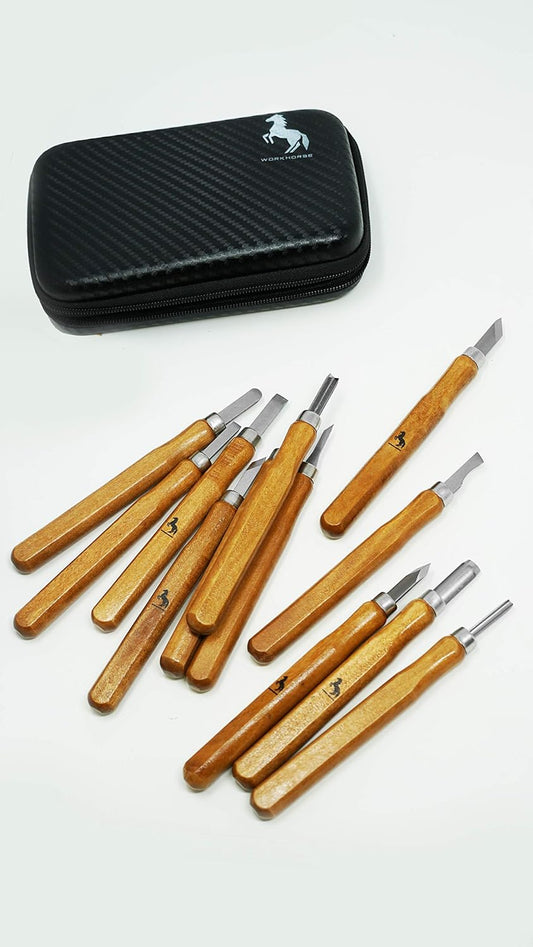 13pc Carbon Steel Wood Carving Knife Tool Kit - with Reusable Pouch and Sharpner