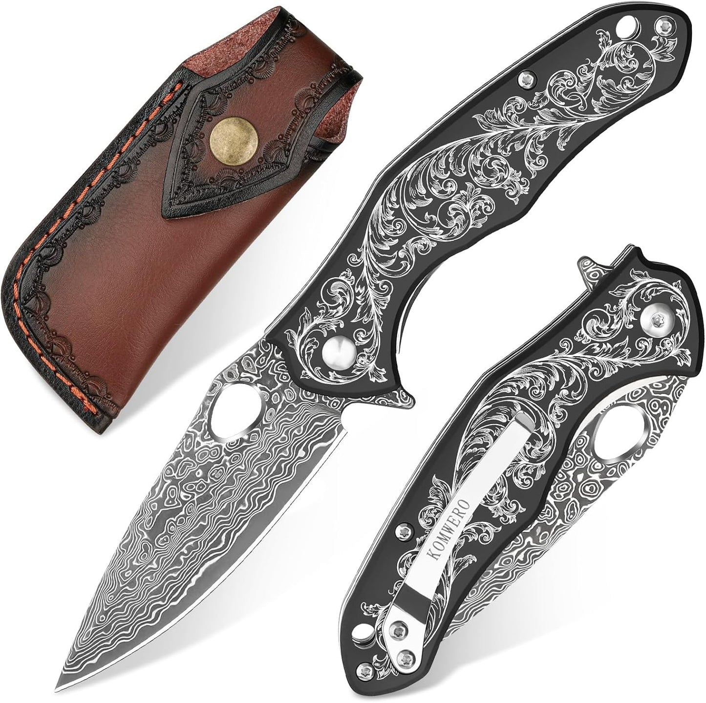 KOMWERO Damascus Pocket Knife for Men, VG10 Core Damascus Steel Folding Knife with Wood Handle, Ball Bearing, Thumb Hole, Liner Lock, Sheath for EDC Outdoor Survival Hunting