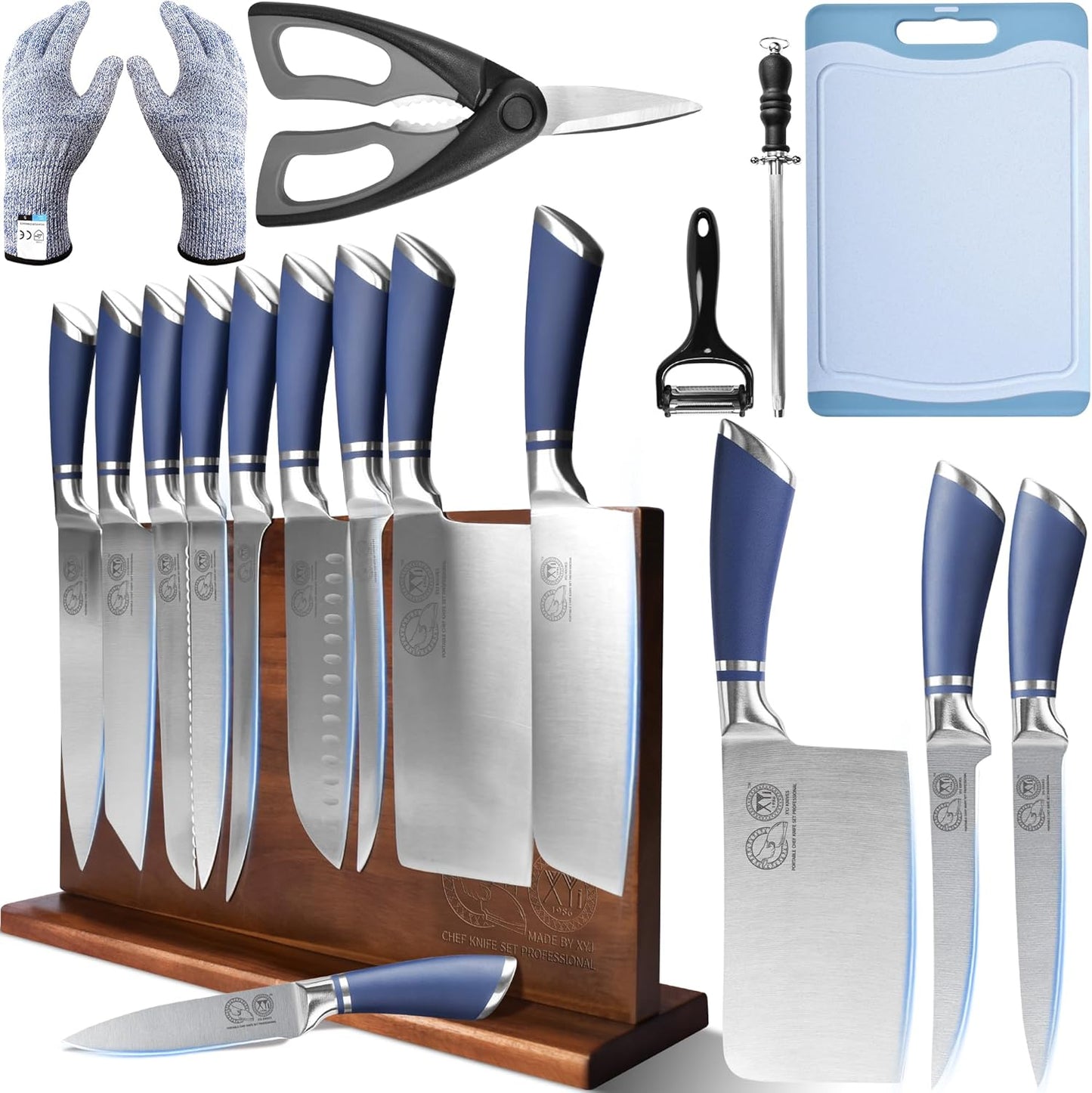 XYJ Professional Knife Sets for Master Chefs,Meat Cleaver Butcher for Camping,Chef Knife Set with Magnetic Knife Block,Stainless Steel Kitchen Knives Tools Kit