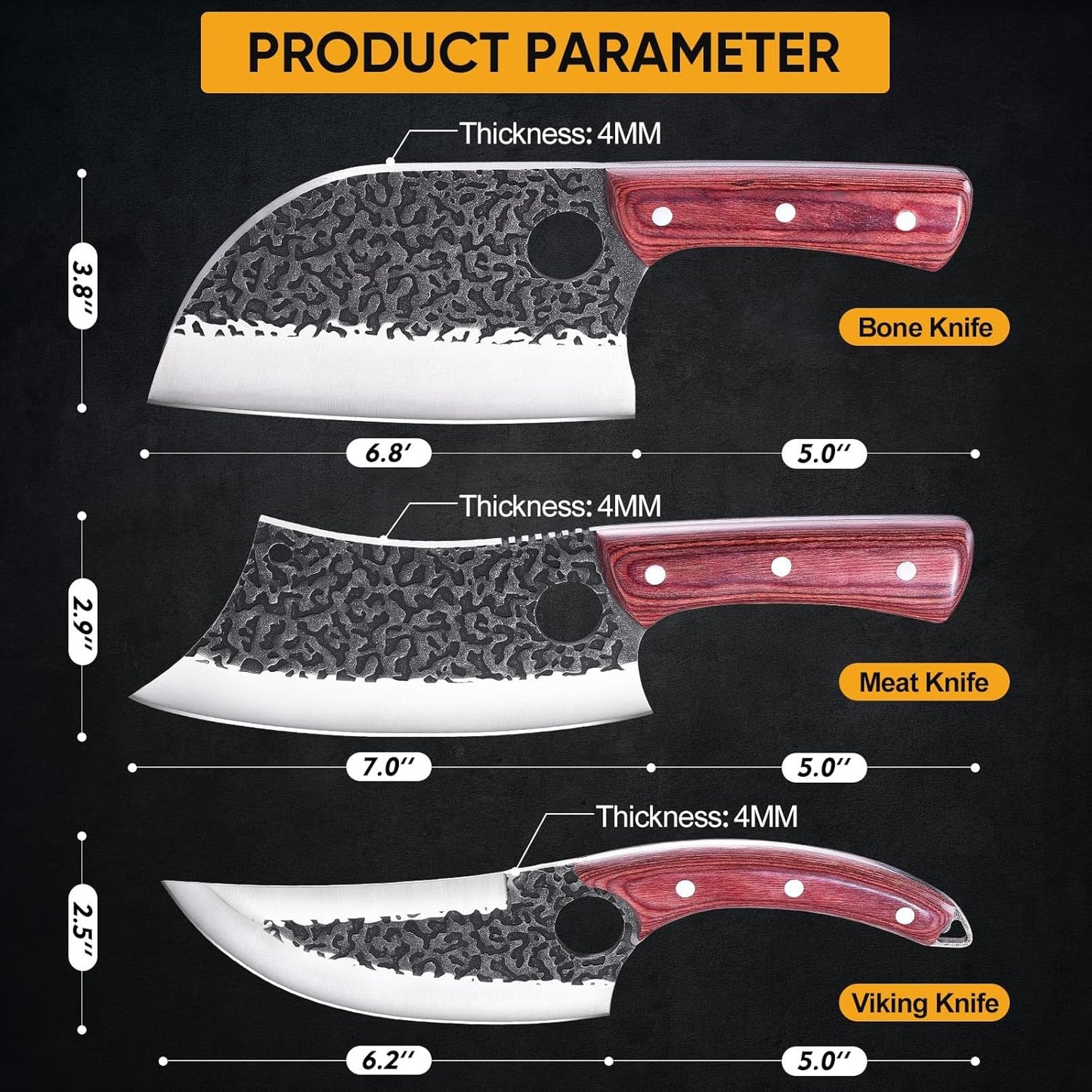 KITNATS 9PCS Butcher Knife Set with Roll Bag, Hand Forged Kitchen Knife Set with Meat Cleaver, Boning Knife & Chef Knife for BBQ, Meat Processing, Camping, Outdoor Cooking, Gift for Men