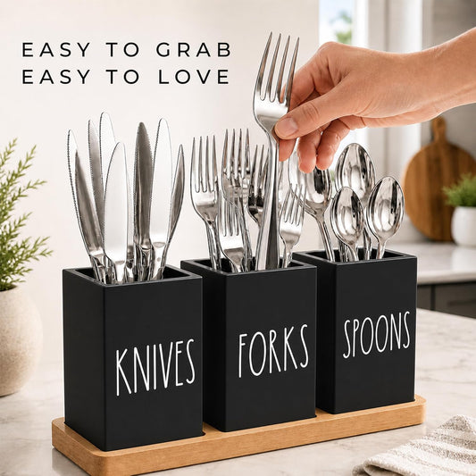 Farmhouse Silverware Holder, Rustic Wood Silverware Caddy with Tray, Spoon Fork Knives Flatware Dispenser, Utensil Countertop Organizer, Plastic Cutlery Holder for Kitchen Party (Black)