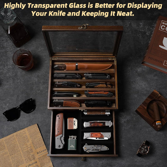 Knife Display Case, Knife Collection Display Holder with Glass Lid, 3-Layer Wooden Pocket Knife Case with Drawers