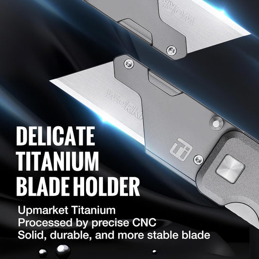 WORKPRO Premium Titanium Utility Knife, CNC Unibody, Lightweight Aluminium Handle Folding Box Cutter, Quick Change Blade Razor Knife,Ideal Gifts for Men Women, with 10 Extra Blades