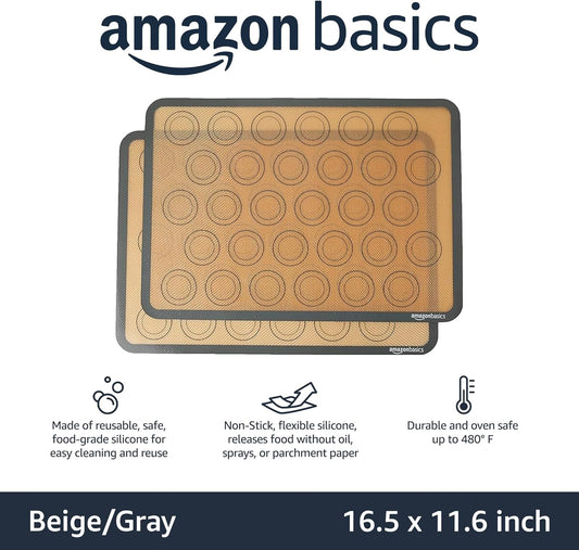 Amazon Basics Silicone Rectangular Baking Mat, Non-Stick, Reusable, Dishwasher Safe, Food Safe, Heat Resistant, 16.5" x 11.6", Beige/Gray, 2-Pack