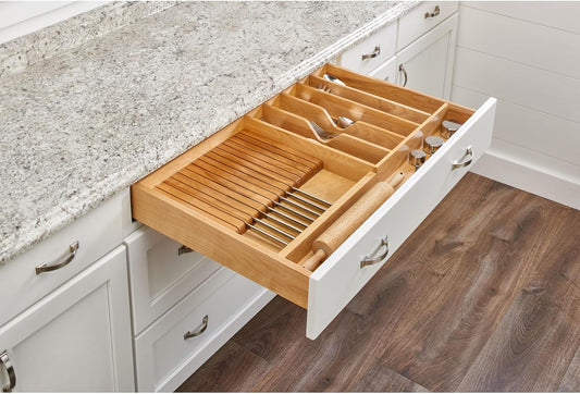 Rev-A-Shelf Trim-to-Custom-Fit Wooden Kitchen Drawer Divider and Knife Block Utility Holder Tray Organizer Insert, 33.13 x 22 In, Maple, 4WUTKB-36SH-1