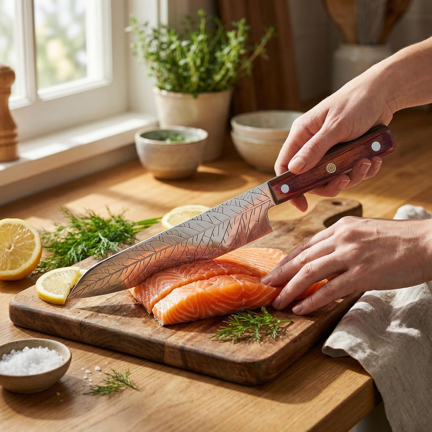 8-Inch Leaf‑etched Chef Knife –ALLWIN HOUSEWARE Deep Electro‑etched Leaf Pattern with 3D Air‑Pocket Design, Premium Stainless Steel Blade & Ergonomic Wood Handle for Kitchen Cooking Gift Red