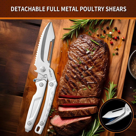 HANSHI Detachable Poultry Shears for Food Cutting Heavy Duty Stainless Steel Kitchen Scissors for Chicken, Bone, Meat, Turkey, Fish,Multi Purpose Scissor for Cooking (Silver)